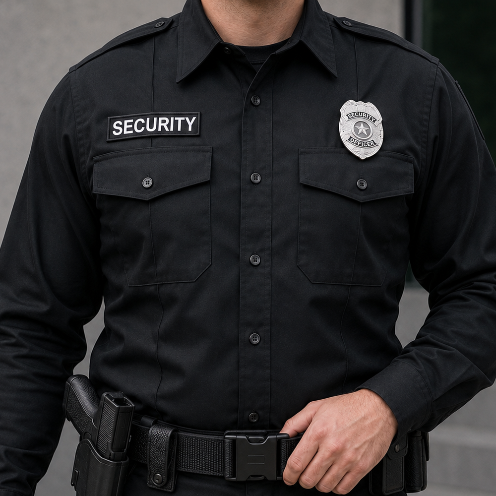Armed security officer in uniform with duty belt and holstered firearm