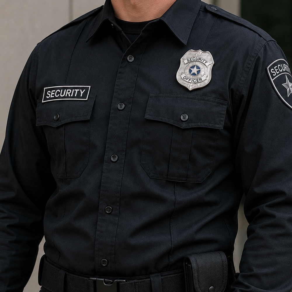 Unarmed security officer in uniform with badge and radio
